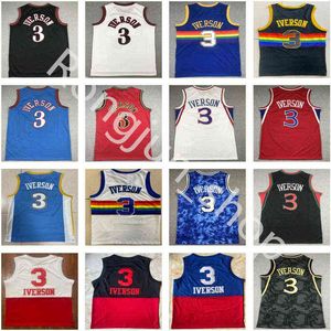 Vintage dikişli basketbol formaları retro allen 3 Iverson Black White Forma 1996-97-98 2003-04 Mor turuncu dikişli büyük takım