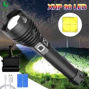 Xhp 90 Torcia a LED Torcia USB ricaricabile ad alta potenza Torcia da campeggio impermeabile Lanterna tattica Torcia leggera Flesh Light J220713