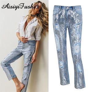 Damen Jeans Pailletten zerrissene Jeans für Frauen Bottom Streetwear Loch Reißverschluss Fransen zerrissene Jeans Hosen Damen Denim Hosen lose weiblich 220908