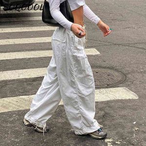 Calças femininas capri hippie Y2K calças cargo feminina cintura baixa moletom bolsos com cordão largas calças largas coreanas calças pára-quedas brancas vintage 0908H