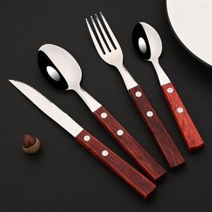 Besteck-Sets, 4/8/16/24-teilig, hochwertiges Geschirr mit Holzgriff, Besteck-Set aus 18/10 Edelstahl, Geschirr, Silber, Messer, Gabel, Löffel