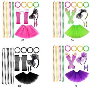 Supplimentos de festa Mulheres 80 anos Acessórios de vestido extravagante Conjunto de fantasias adultas Tutu saia neon luvas de pesca de miçangas brindes de pulseira