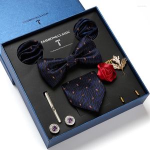 Bow Ties High Grade Men Gift Fit Wedding Business Group Tie Set For Silk Butterfly Bowtie Clips Lapel Pin Hanky Cufflinks