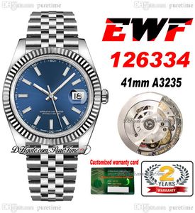 EWF Just 126334 A3235 Automatic Mens Watch 41 Fluted Bezel Blue Dial Stick Markers JubileeSteel Bracelet Super Edition Free Same Series Card Puretime E5