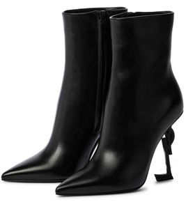 新しい豪華な冬のブランドOpyum Women Ankle Boots Leather白い黒い文字のかかと有名な女性の先のつま先マーティンブーティーパーティーウェディングEU35-43