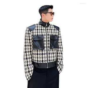 Männer Jacken Herbst Plaid Wolle Patchwork Leder Stehkragen Motorrad Jacke Männer Vintage Mode Lose Beiläufige Kurze Mantel Oberbekleidung