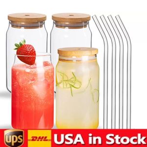 US Warehouse Wasserflaschen Sublimation 12oz 16oz Glas Tumbler Tassen Dosengläser mit Bambusdeckel wiederverwendbarer Strohhalm Becher Bier Transparent gefrostet Soda Cup Trinken GJ02