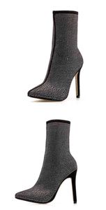 Sping apontou toe strass malha brilhante meados de bezerro lado zíper fino botas de salto alto antiderrapante moda stiletto sapatos femininos 220815