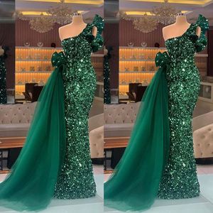 Sparkly Green Mermaid Evening Dresses One Shoulder Sequins Prom Dress Pageant Gown Custom Made Party Robes