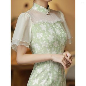 Etniska kläder Green Fishtail Cheongsam Floral Chiffon Loose Short Sleeve Vintage Dress Slim-Fit Mid Long Transparent Qipao S TO XXL