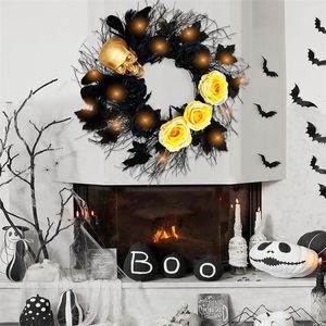 Faux Floral Greenery Halloween Wreath Wreath Sushing Skull Decorações de fantasmas Front Halloween Party Party Pendleing Window Wreathes Adeços decoração de fundo #T2G 220908