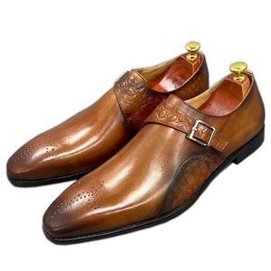 Moda Monk Monk Strap Dress Shoes Aligator Prind Poster Genuine Couro Handmade Wedding Office Business Shoes para homens