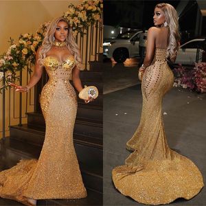 Bling Crystal Mermaid Celebrity Prom Dresses Luxury Sequins Evening Dress 2022 Sexy Black Girls Graduation Party Gown