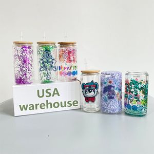 USA Warehouse Double Wall Sublimation Glass Tumbler 16oz Snow Globe Glass Can Mugs with Bamboo Lid Beer Cp for custom gift