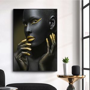 Canvas målar svart guld afrikansk kvinna porträtt tryck affisch väggkonst bilder för vardagsrum hem dekor ingen ram