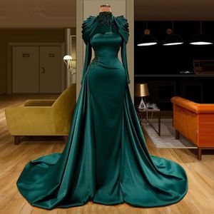 Evening Emerald Green Dresses Wear Mermaid High Neck Arabic Sexy Long Sleeves Crystal Beads Prom Dress Formal Party Second Reception Gowns