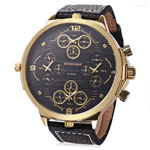 Orologi da polso Shiweibao Cool Watch Uomo Sport Cassa grande dorata Quattro fusi orari Orologi militari Data Cinturino in pelle da uomo al quarzo