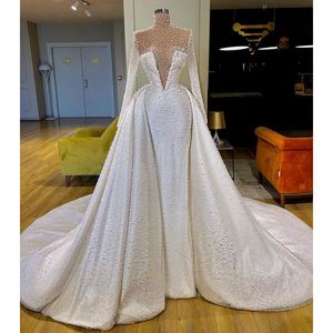 Abiti da sposa classici a sirena maniche lunghe scollo a V profondo paillettes applicazioni abiti da sposa in rilievo pizzo 3D staccabile treno abiti da sposa Sweep Train Vestido de novia