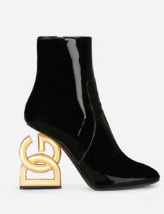 Winter Brands Women Keira Ankle Boots Women Pop Heels Black Patent Leather Lady Booties Baroque Heel Party Dress Sexy Booty EU35-40