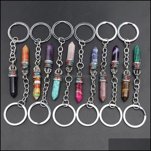 Keychains Fashion Natural Stone Hexagonal Column Crown Keychain Women Crystal Rose Quartz Key Rings Bag Car Jewelry Part Dhseller2010 Dhu56