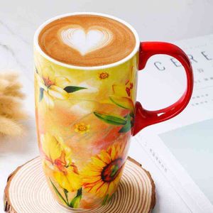 El boyaması porselen kupa büyük kapasiteli seramik kahve fincanı kapak evi çift çömlek su suyu fincanları t220810