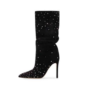 Stiefel Neu Arden Furtado 2022 Kristall Strass Winter Stilettos Heels Spitze Zehen Halb Plissee Booties Damen Große Größe 43 220906