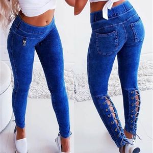 Kvinnors jeans avslappnade mode höga midja byxor snörning design fast färg snörning mager höftlyft jeans blå denim byxor sommar 220908