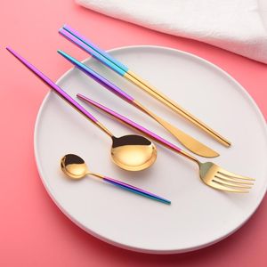 Flatvaruupps￤ttningar f￤rgglada bestick set rostfritt st￥l pinnar middag knivsked gaffel tesked bordsartikel julsilverg￥va parti