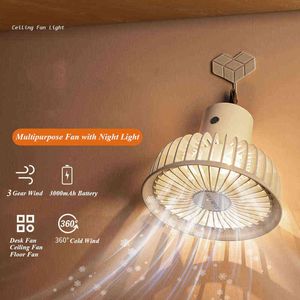 Electric Fans Chargeable Outdoor Camping Ceiling Fan Mini Home Desk Floor Tripod Standing Air Conditioner Cooling Fan 3 Gear with Nightlight T220907