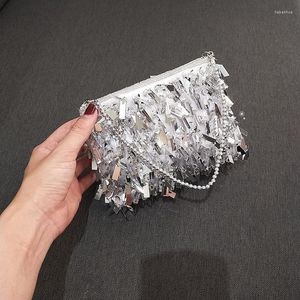 Evening Bags Silver Sequin Women's Shoulder Tassel Chain Ladies Dinner Party Clutch Purse Handbags Luxury Female Small Crossbody Bag