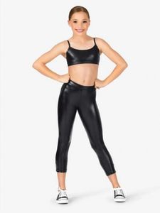 Costumi Catsuit metallizzati lucidi per ragazze Pantaloni leggings da danza alla caviglia con top 2 pezzi set Bambini Cintura media Effetto bagnato Spettacolo teatrale Spettacolo