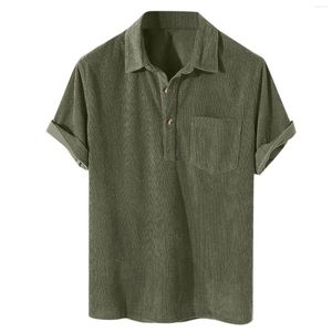 Мужская половая полость лето твердый цвет мужская рубашка вельветовая пуговица вверх повернуть воротник с коротким рукавом уличная одежда Camisa 2022