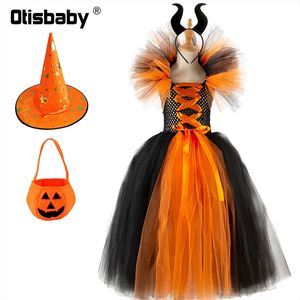 Ocasões especiais 212 anos crianças meninas Halloween Vestido de bruxa sem backless com chapéu bolsa de abóbora