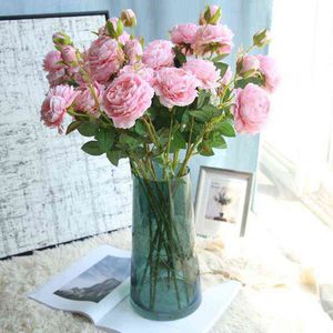 Finto verde floreale 61 cm 3heads rose artificiali Branch di fiori di fiore di matrimonio festa della casa casa casa decorazione del salotto flores flores j220906