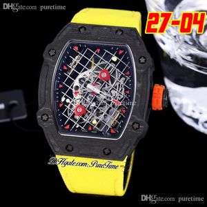 27-04 Tourbillon Rafael Nadal A21J Orologio automatico da uomo 2022 Cassa in fibra di carbonio nera Racchetta da tennis Quadrante scheletrato Corona rossa Cinturino in nylon giallo 8 Stile Puretime H8