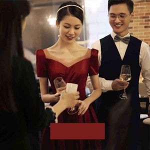 Ethnic Clothing Burgundy Satin Evening Party Gown Women Backless Bandage Cheongsam Chinese Bridal Wedding Dress Elegant Vestidos Large Size