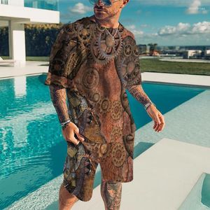 Erkek Trailtsits Yaz Moda Erkekler Aktif Giyim T-Shirt Şort 2 Parça Set 2022 Anahtar 3D Dişli Baskı Mürettebatı Boyun Plajı Günlük Kıyafet