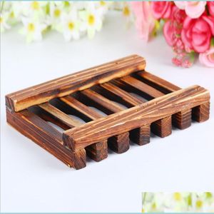 Bathroom Shelves Natural Wooden Bamboo Soap Dish Tray Holder Storage Rack Plate Box Container For Bath Shower Bathroom Pop2021 Drop D Dhgwy