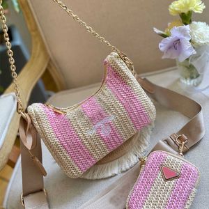 Straw Stripes Hobo Bag Bage حقائب اليد نساء Crossbody Composite Bag سلسلة مصغرة محفظة عالية الجودة ترتكزلة ثلاثية العملاء محفظة قابلة للإزالة W