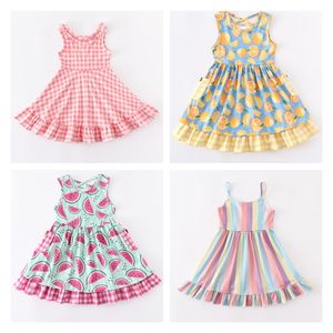 Девушки платья Girlymax Летние маленькие девочки цветовая полоса клетчатая клетчатая лимонная арбуза с цветочным платьем бутик одежда колен