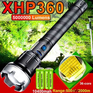5000000LM mest kraftfulla LED -ficklampa XHP360 USB -uppladdningsbar Flash Light 7 -lägen Zoom ficklampan Taktisk blixtlykta Använd 26650 J220713