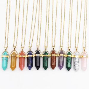 Pendant Necklaces Natural Stone Hexagonal Column Point Gold Necklaces Cylindrical Pendants Healing Crystal Fluorite Lapi Dhseller2010 Dhgwo