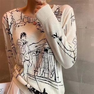 Women's TShirt Fine Imitation Wool Knitted ShortSleeved Top Graffiti Digital Jacquard Pullover Ladies Sweater 22 Summer Trendy 220907