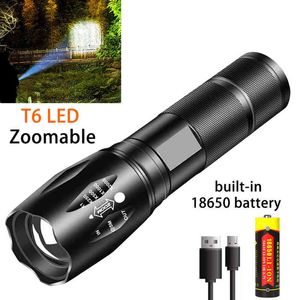 Kraftfull LED -ficklampa USB -uppladdningsbar aluminium T6 Torch Portable Outdoor Camping Tactical ficklampa J220713