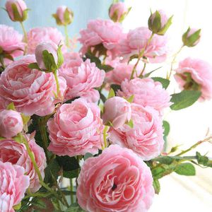 Finto verde floreale 3 teste fiori artificiali di rosa peonia di seta fiori finti per la festa di nozze Baby Shower decorazione della casa fai da te sposa corona ghirlanda J220906