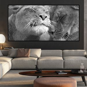 Leinwandgemälde „Löwen Kopf an Kopf“ Schwarz-Weiß-Poster und Drucke Leinwandgemälde Schwarz-Weiß Cuadros Wandkunstbilder für das Wohnzimmer