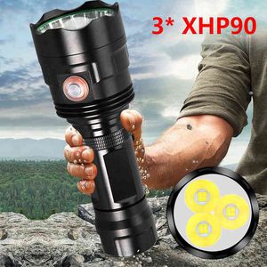 3 PCS XHP90 LENTA LED SUPER PODEROSA LED XHP50 Tocha tática USB LINGER RECHARGELA LINTERNA Lâmpada à prova d'água Ultra Bright Lantern 30W J220713