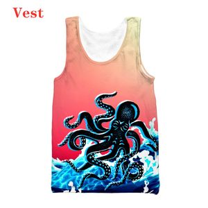 Tanques femininos Camis S-6xl Novo colar de colarinho redondo de tamanho grande com colar de gola manguita 3d T-shirt Summer Kraken Octopus Sleeve Top Top