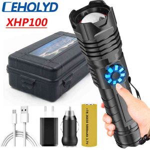 Stepless Dimning XHP100 LED-ficklampa Typ-C USB-uppladdningsbar Power Bank 18650 26650 Batteri Aluminium Torch Zoomable Lantern J220713