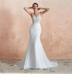 Bridal Wedding Dress See-through Neckline Chiffon Corset Sleeveless Gown Mermaid YS36378